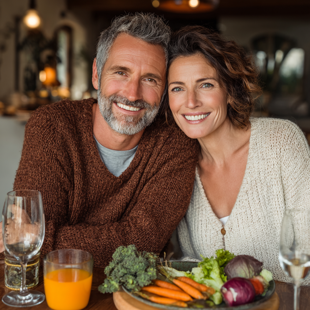 Happy couple in their 40s sitting at a dining table with a colorful healthy meal, both smiling while enjoying their personalized nutrition plan together in a cozy home setting