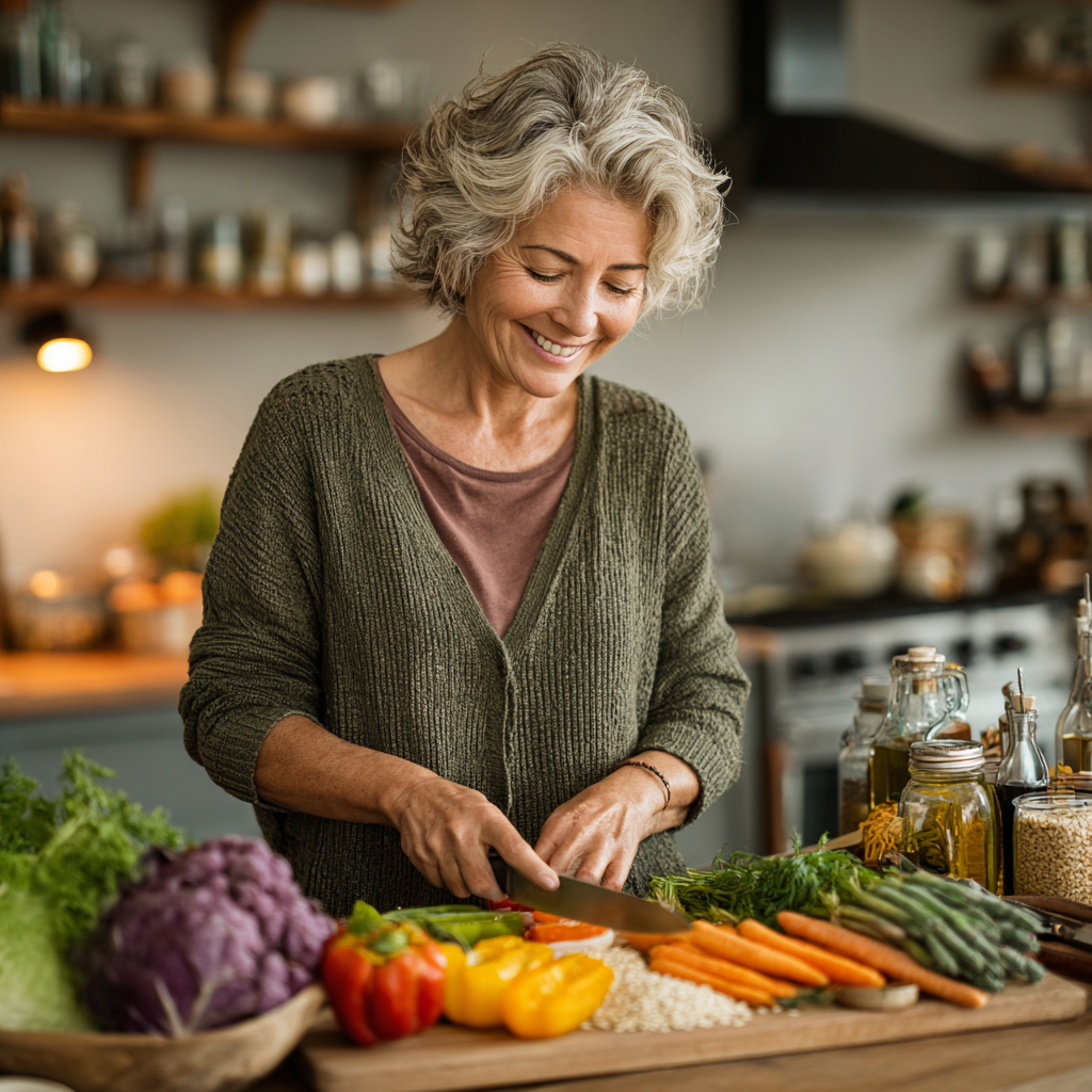 Middle-aged woman in her 50s preparing healthy meal ingredients in a bright modern kitchen, smiling while organizing colorful vegetables and grains on a wooden cutting board